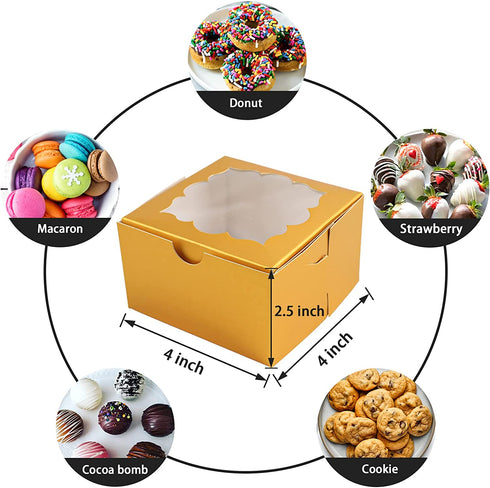 NPLUX 50 Pack Bakery Boxes with Window 4x4x2.5 inches Treat Boxes Mini Cupcake Boxes?Gold?