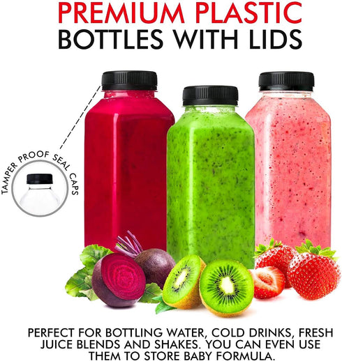 Stock Your Home 12-Ounce Bottles with Black Caps (12 Pack) - BPA-Free Plastic Bottles with Tamper Proof Caps - Leak Resistant & Reusable - Bottles for Juice