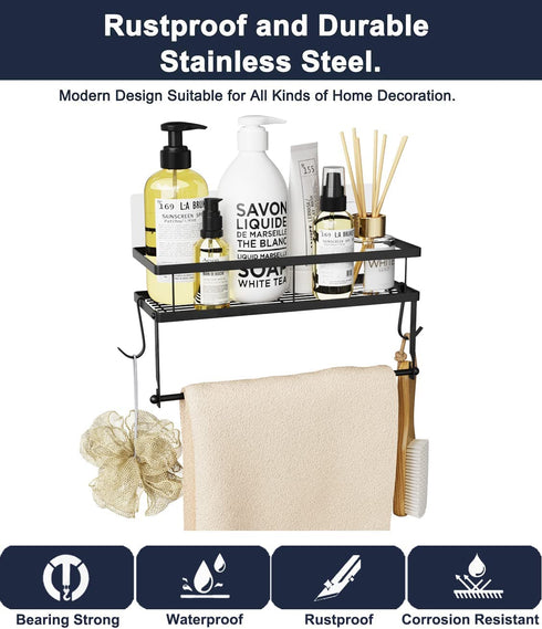 ESOW Paper Towel Holder with Shelf Storage, Adhesive Wall Mount 2-in-1 Basket Organizer for Kitchen & Bathroom, Durable Metal Wire Design, Stainless Steel 304 Matte Black Finish