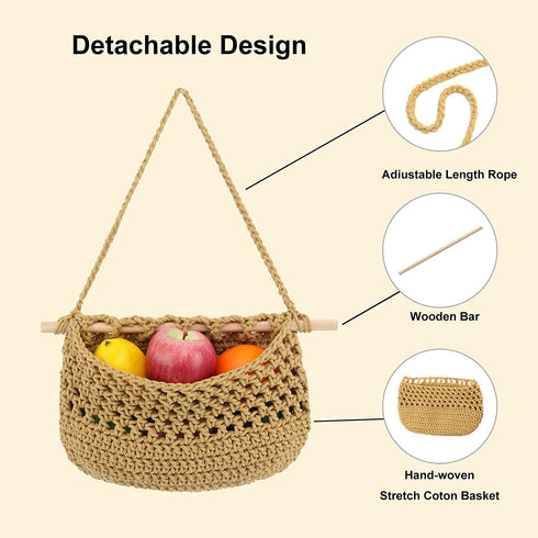 Boho Hanging Fruit Woven Baskets Handmade Pocket Hanger Fruit Storage Wall Mount Organization with 2 Hooks to Store All Items for Home Kitchen Modern D©cor (khaki)