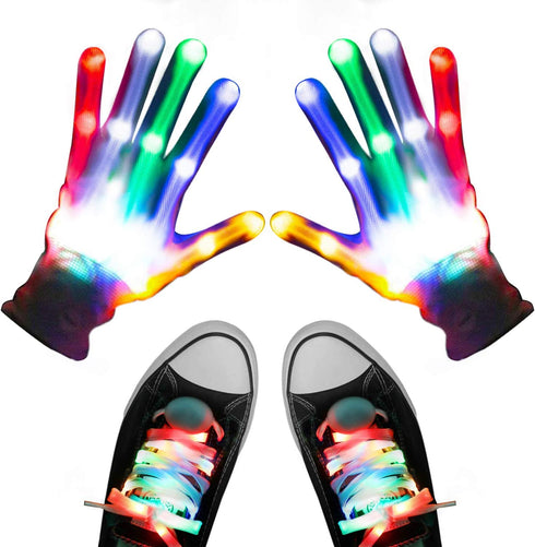 Aywewii Light Up Gloves, LED Gloves LED Shoelaces Set Rainbow Flashing Finger Gloves Toys for 5 6 7 8 9 10 11 12 13 14 15 16 Years Old Boys Girls, LED Toys for Xmas Birthday Party Favor