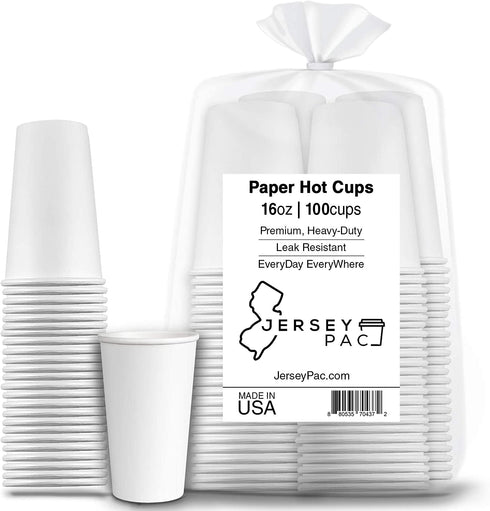 JerseyPac 16Oz Disposable Paper Hot Cups (100-Count) Hot Coffee, Tea, Cocoa Party Use - Thick, Heavy-Duty, Leak-Resistant Drinkware - Recyclable, Eco-Friendly - White (16 Oz.)