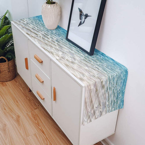 Blue Yellow Cotton Linen Table Runner Dresser Scarf Tropical Sandy Beach Clear Sea Water Non-Slip Burlap Rectangle Table Setting Decor for Wedding Party Holiday Dining Home, 13x70 Inches Long