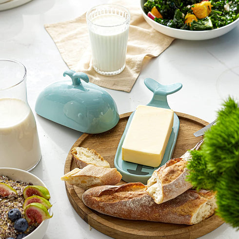 DOWAN Whale Butter Dish, Cute Butter Dish, Funny Gifts for Mom Wife Friends, Fish Bone Cutting Measuring Lines and Tail Non-slip Design, Ideal Decor Gift for Birthday Wedding Housewarming, Turquoise