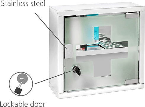 WENKO Locking Medicine Mounted Bathroom Storage, Hanging Medical, First Aid Wall Cabinet with Safety Glass Door, Modern, Small, Square, Silver Shiny