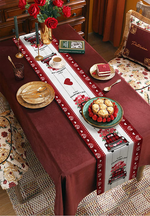 Rose Truck Valentines Day 108 Inches Long Table Runner for Dining Room, Rustic Wood Heart Cotton Linen Tablecloth Runners, Farmhouse Table Setting Decor for Wedding Party Holiday, Machine Washable.
