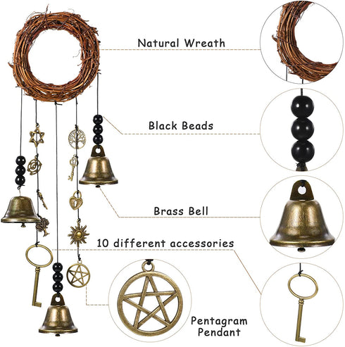 2 Pieces Witch Bells Protection Door Hangers Witch Wind Chimes Wreath Handmade Hanging Witch Bells Wiccan Magic Wind Chimes for Home Door Doorknob Witchcraft Decorations (Novel Style)