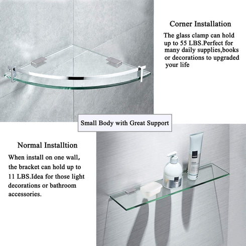 DOKU 4Pcs Adjustable 304 Stainless Steel Glass Clip Clamp Support 0.32"(8mm)-0.48"(12mm) Glass Shelf Brackets, Space Saving Bathroom Wall Mounted, Brushed Finished