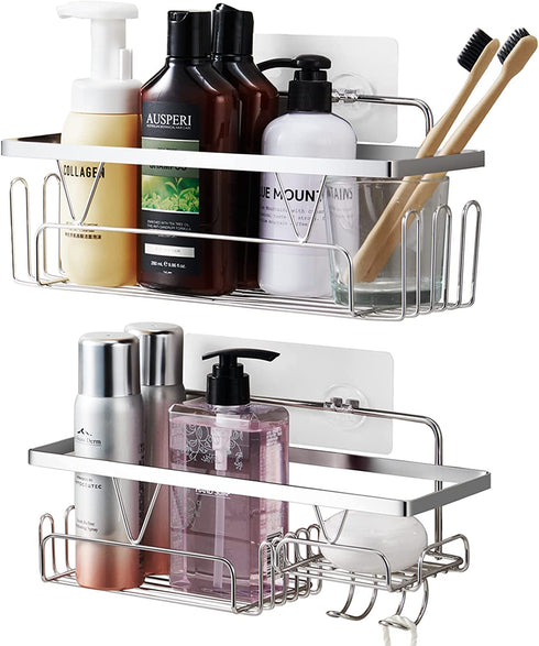 AURIKAR Shower Caddy Adhesive Shower Organizer Rack with Hooks, No Drilling Stainless Steel Wall Hanging Shower Shelf for Inside Shower Bathroom Restroom Storage, Silver 2-Pack