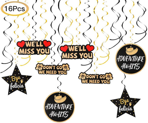 Luxiocio Going Away Party Hanging Swirls Decorations, 16Pcs, We Will Miss You/ Farewell Goodbye/ Adventure Awaits/ Bye Felicia Hanging Swirls Party Supplies, Retirement Office Work Party Decor