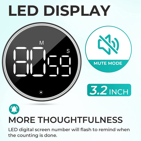 Digital Kitchen Timer, Round Magnetic Countdown Count Up Timer with Stand, Large 3'' LED Display, 3-Level Volume, Easy for Cooking, Learning, Yoga and Good for Seniors and Kids Used (Black)