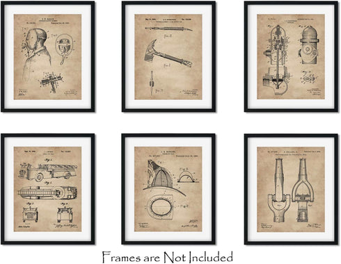 Firefighter Patent Print Set of 6 (8"x10") - Wall Art Decor - Gift Idea for Firemen First Responders