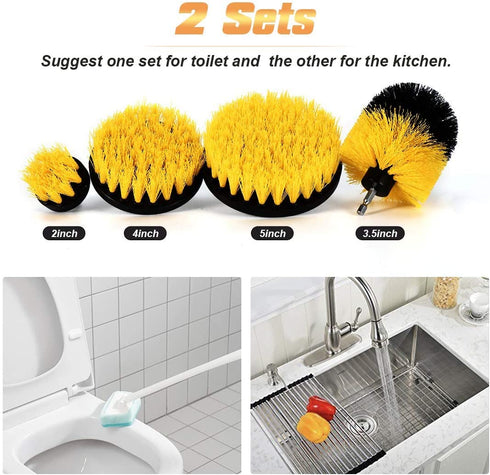 Shieldpro Drill Brush Attachment Set,Power Cleaning Scrub Brush,All Purpose Drill Brushes with Extend Long Attachment for Bathroom and Kitchen Surface,Grout,Tub,Shower,Tile,Corners, Automotive-Yellow