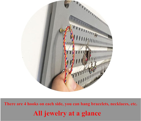 CWLL Wooden Jewelry Organizer Wall Mounted, Hanging Jewelry Organizer Earring Organizer Necklace Bracelet Holder Over the Door, Jewelry Holder for Earrings, Necklaces & Rings(Grey), 16''x12''x1''