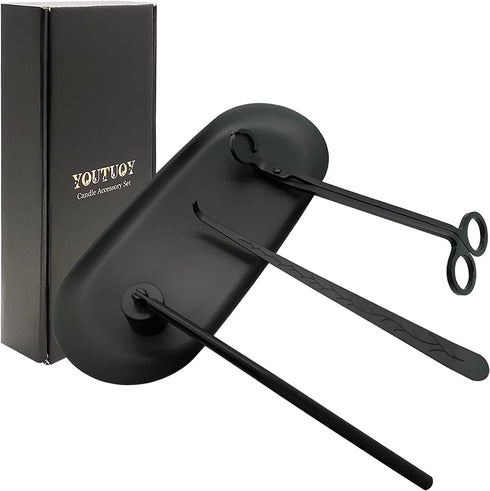 YOUTUOY 4 in1 Candle Accessory Set with Storage Tray Plate, Candle Wick Trimmer, Candle Wick Snuffer, Candle Wick Dipper, Storage Tray Plate, Great for Scented Candles Lovers (Black 4 in1)