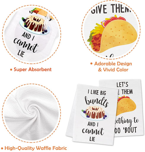 Funny Kitchen Towels, Absorbent Dish Towels with Sayings Set of 4, Waffle Kitchen Hand Towels Kit, Decorative Tea Towels, Fun Hostess Kitchen Decor, Novelty Gift for Housewarming Wedding Birthday