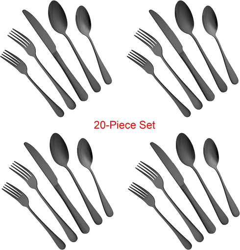 Black Silverware Set, 20 Pieces Flatware Cutlery Set ENLOY Stainless Steel Utensils Service for 4, Heavy Duty Gift and Dishwasher Safe, Mirror Polished Dinner Knife, Fork, Spoon for Restaurant