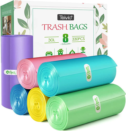 330 Counts Strong Trash Bags Garbage Bags by Teivio, Bathroom Trash Can Bin Liners, Small Plastic Bags for home office kitchen (Multicolor, 8 Gallon)