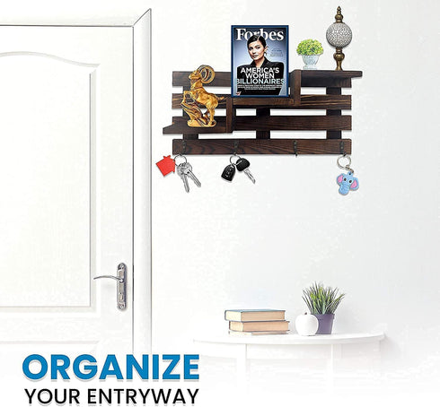 Hivory Wall Mounted Display Shelf with Key Holder ~ 4 Key Hooks Wall Organizer ~ Entryway Decorative Shelf with Hooks ~ Wooden Wall Mount Organizer for Keys (Rustic Brown)