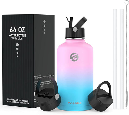 64 OZ Insulated Water Bottle with Straw & 3 Lids, Yoehka Vacuum Stainless Steel Thermos Mug, Double Wall Sweat-proof Sports Water Bottle to Keep Water Hot/Cold, with Cleaning Brush (Fantasy)
