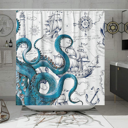 DESIHOM Cool Octopus Shower Curtain Anime Nautical Shower Curtain Teal Kraken Shower Curtain Sailboat Pirate Shower Curtain Polyester Fabric-72" x 72"