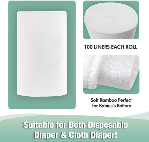 wegreeco 100% Bamboo Unscented Diaper Liners - Fragance Free and Chlorine Free - 100 Sheets Per Roll ( 2 Roll, Bamboo)