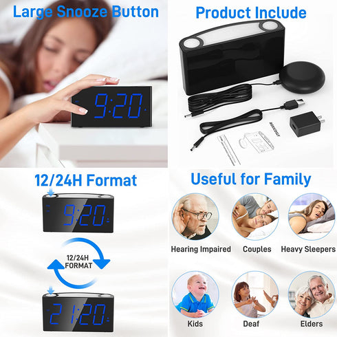 Loud Alarm Clock for Heavy Sleepers Hearing Impaired Adults, Vibrating Bed Shaker Alarm Clock with 2 USB Chargers,7 Color Night Light, 0-100% Dimmer & Battery Backup, Digital Clock for Teens Kids