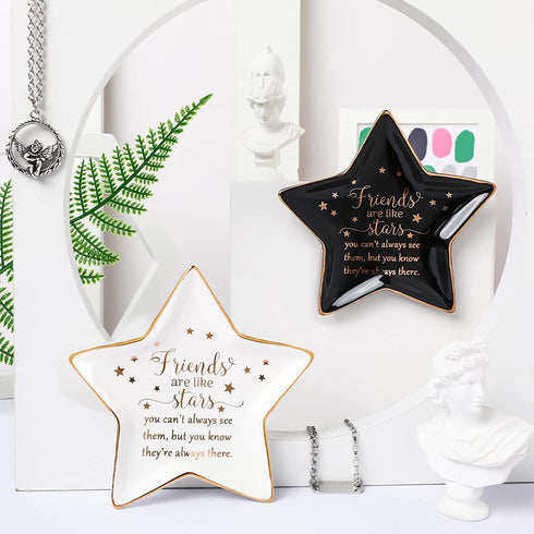 2 Pieces Friend Are Like Stars Tray Long Distance Gift Graduation Trinket Dish Star Shaped Ceramic Ring Jewelry Dish Friendship Inspirational Holder Tray Decorative Jewelry Trinket Trays for Friend