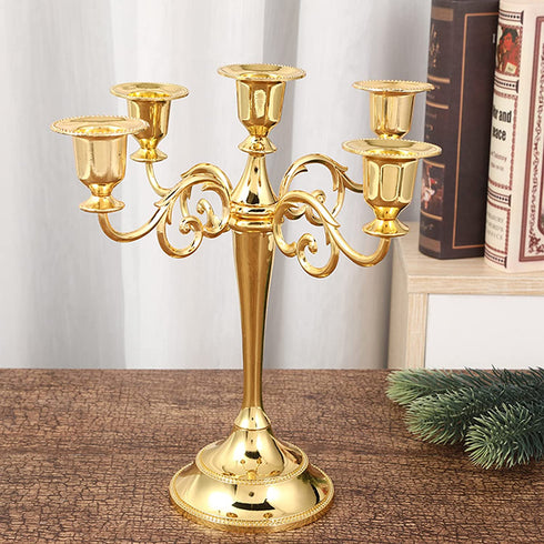 YOUEON Gold 5 Arms Candelabra, 10.4 Inch Metal Tall Candelabra Candle Holder Candlestick Holder for 1 Inch Diameter Pillar Candles, Taper Candle Holder, Candelabra Decoration, Wedding