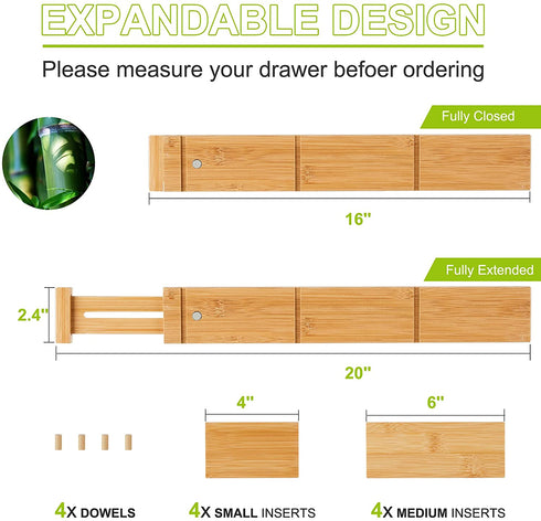 Bamboo Drawer Dividers for Clothes With 8 Inserts, Drawer Dividers Kitchen Utensils(16-20IN) Adjustable Expandable Deep Spring Loaded Separators Organizer for Office Silverware Dressers and Bathroom 4 Pack
