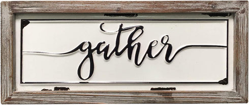 DeliDecor Gather - 12" X 5" Wooden Signs Wall Decor Rustic Embossed Retro Metal and Wood Framed Sign Modern Farmhouse Wall Hanging Art Gather Sign Home Decor