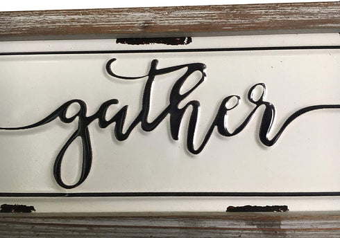 DeliDecor Gather - 12" X 5" Wooden Signs Wall Decor Rustic Embossed Retro Metal and Wood Framed Sign Modern Farmhouse Wall Hanging Art Gather Sign Home Decor