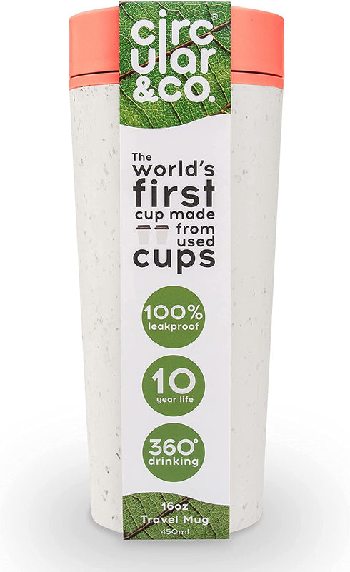 Circular & Co. Travel Mug (16oz) - The World's First Reusable Mug Made from Recycled Coffee Cups, 100% Leak-Proof, Sustainable & Insulated, Sunset Coral