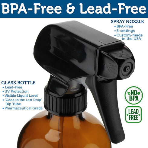 Empty Amber Glass Spray Bottles with Labels - 16oz Bottle for Essential Oils, Gardening, Cleaning Solutions, Pets, Plants , and Hair Misting - Durable Trigger Sprayer with Mist and Stream Option