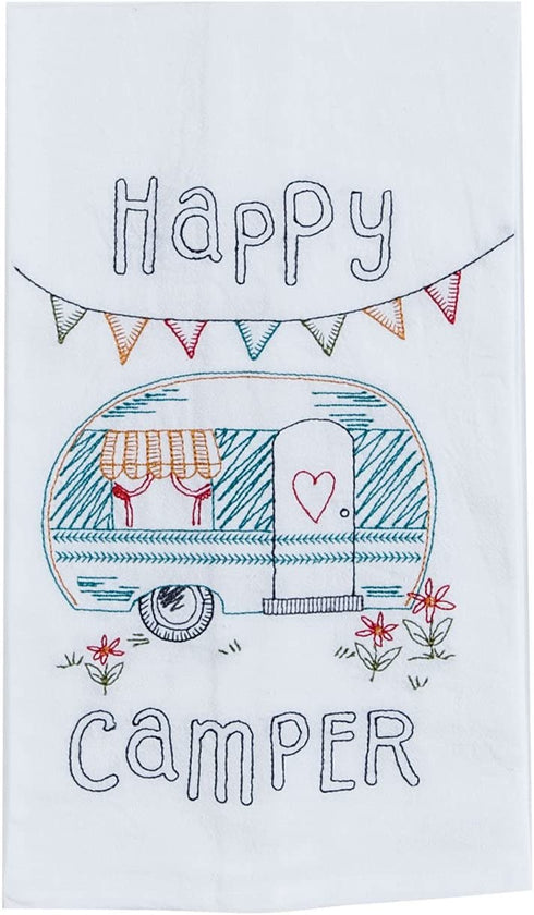 Kay Dee Designs R3011 Happy Camper Embroidered Flour Sack Towel , White
