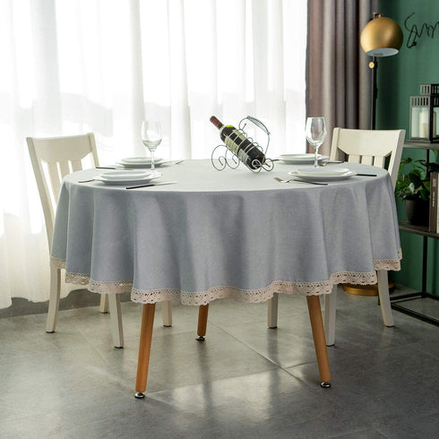 EHouseHome Faux Linen Tablecloth with Lace Trim - Waterproof/Spill Proof/Stain Resistant/Wrinkle Free/Oil Proof - for Banquet, Parties, Dinner,Wedding,Holiday,Silver Grey Round 70Inch