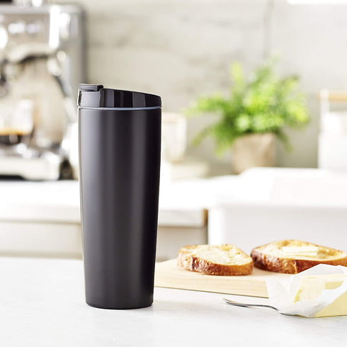 Amazon Basics Stainless Steel Tumbler with Flip Lid, Vacuum Insulated 30-Ounce, 2-Pack, Black