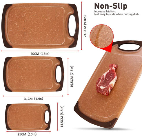 Plastic Cutting Boards Set,3 Piece Kitchen Chopping Boards Household Professional Cutting Boards with Anti-slip Feet Juice Groove Grip Handle,BPA Free Easy Cleaning Dishwasher Safe (Set of 3,Brown)