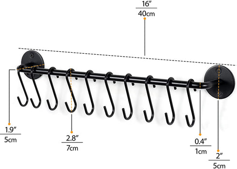Wallniture Cucina 16" Wall Mount Kitchen Organization and Storage Rail with 10 S Hooks for Hanging Pots and Pans Set and Lid Organizer, Black