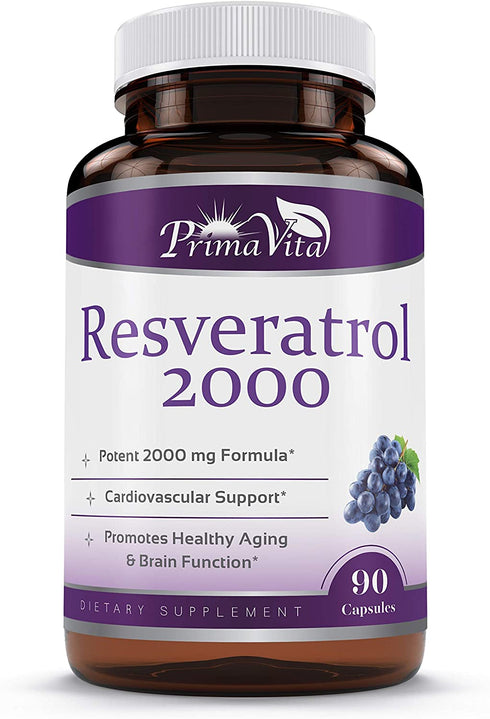 PrimaVita Resveratrol Nutritional Supplement 2000mg, Grape Seed Extract Capsule with Quercetin, Antioxidant Supplement Support Immunity, 90 Capsules