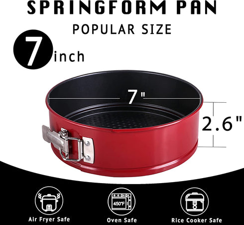 HONGBAKE 7 Inch Springform Pan with Texture, Cheesecake Pans with Leakproof Removable Bottom, Nonstick Round Cake Tin for Baking Smash Cake, Pie, Quiches, Pizza - Red & Dark Grey