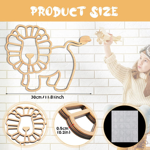 Nursery Decor 3 Pieces Wooden Animal Theme Wall Decor Nursery Jungle Wall Art Geometric Safari Wall Decor Jungle Decor with Glue Points for Themed Room (Lion, Elephant, Giraffe Style)