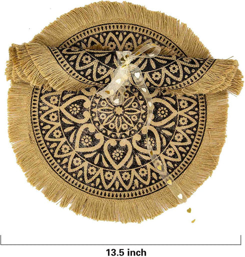 CAPASIN Boho Round Placemats Set of 4 Brown Dining Modern Dinner Braided Beige Table and Fall Circle Runner Kitchen Plate Mats Runners for White Place with Fringe Gold(Brown Tassel A)