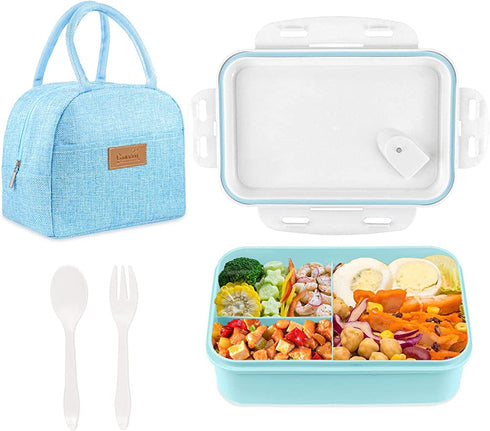 Bento Box with Lunch Bag, NatraProw 3 Compartments Adult Bento Box with Utensils, 1600ML Large Bento Boxes, BPA Free Ideal Portion Sizes Lunch Box Containers, Microwave Safe Bento Box - Blue Large