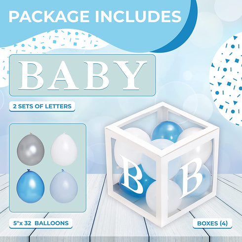 Baby Blocks for Baby Shower Party Decorations - Baby Shower Box Set of 45 pcs, 33 Blue Silver White Ballons, 4 Clear Blocks, 8 Letters - Balloon Boxes for Boys and Girls Birthday & Gender Reveal Backdrop