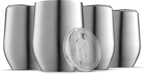 Triple Insulated Wine Tumbler With Lid (4 Pack) 12oz Stainless Steel Wine Glass Set- Insulated Tumblers Keep Drinks Hot & Cold for Outdoors, Beach, Picnics- Unbreakable Wine Glasses With BPA Free Lids