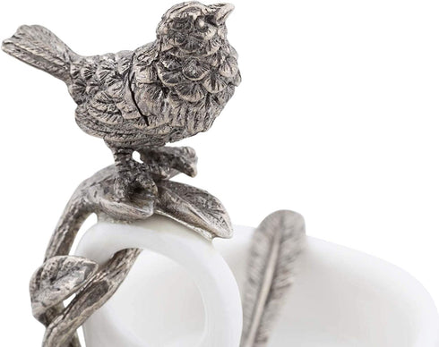 Vagabond House Song Bird Double Salt Cellar Spice Sauce Server and Place card with Pewter Feather spoons 2.5 inch Tall 4.25 inch Long 2 inch Wide