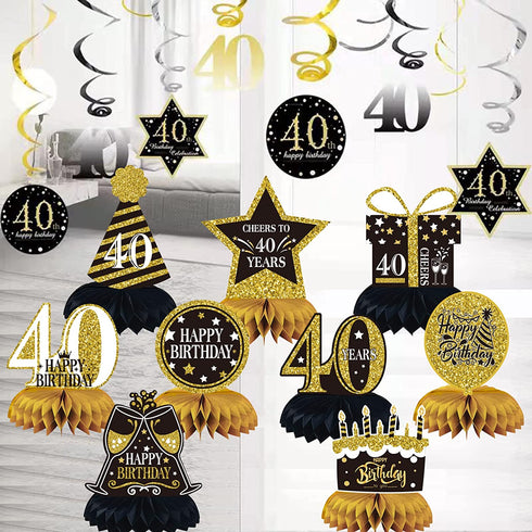 40th Birthday Decorations, 17 Pieces 40th Birthday Honeycomb Table Centerpieces and Hanging Swirl Happy 40th Birthday Party Decorations Cheer 40 Years Table Toppers for Men and Women