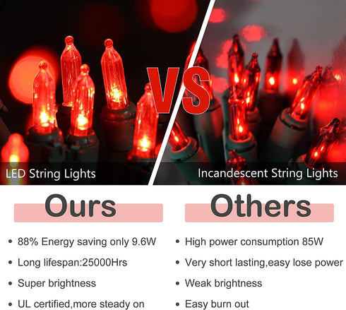 hemonie LED Christmas Lights, 33 Ft 100 LED UL Certified Commercial Grade Holiday String Light, End to End Connectable Indoor & Outdoor Green Wire Lights Set IP44 Waterproof(red)