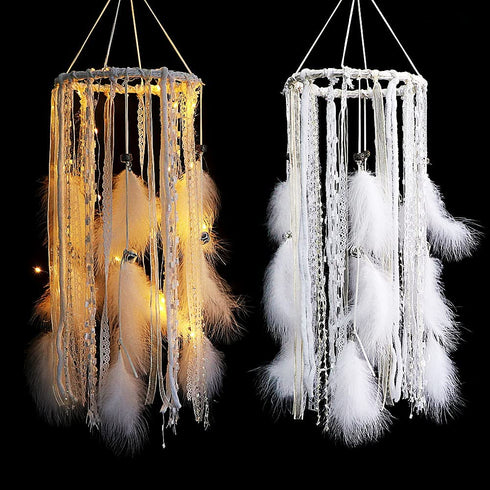 Alynsehom Feather Dream Catcher with LED Lights Silver Bells Large Boho Light up Dreamcatcher Baby Kids Bedroom Wall Hanging Decoration Wedding Party Ornament Gift Nursery Decor (White Feather)